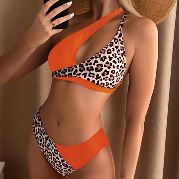Couture Gypsy Other - Bohemian Orange Leopard Print One Shoulder Bikini Beach S M L XL